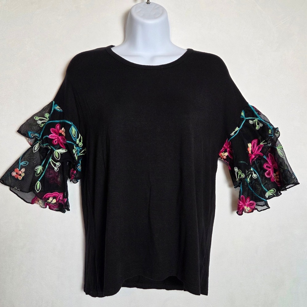 Boho Black Floral Embroidered Top Tiered Ruffle Mesh Statement Bell Sleeve Tee